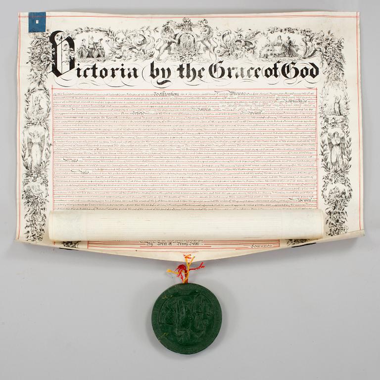 A British letter of patent with wax seal conferring upon Sir Henry Wheatley (1777-1852) the title and rank of Baronet.