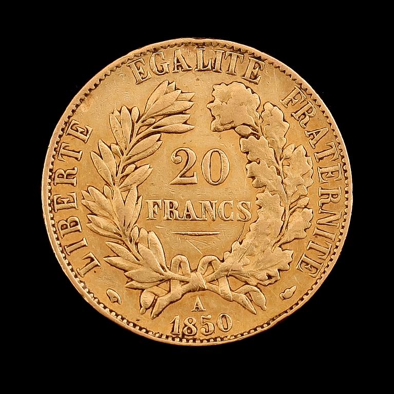 GULDMYNT, 20 franc, Frankrike 1850. Vikt ca 6 gram.