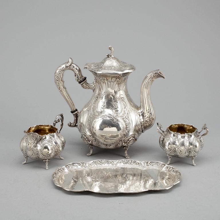 KAFFESERVIS, 4 delar, silver, rokokostil, Gewe Silvervarufabriken, Malmö 1960. Total vikt ca 1335 gram.