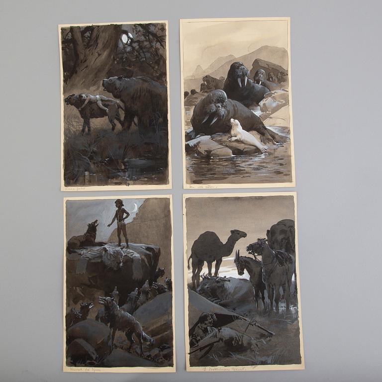 DAVID LJUNGDAHL, eight original ink illustrations from the 1915 edition of 'The Jungle Book' in Swedish.