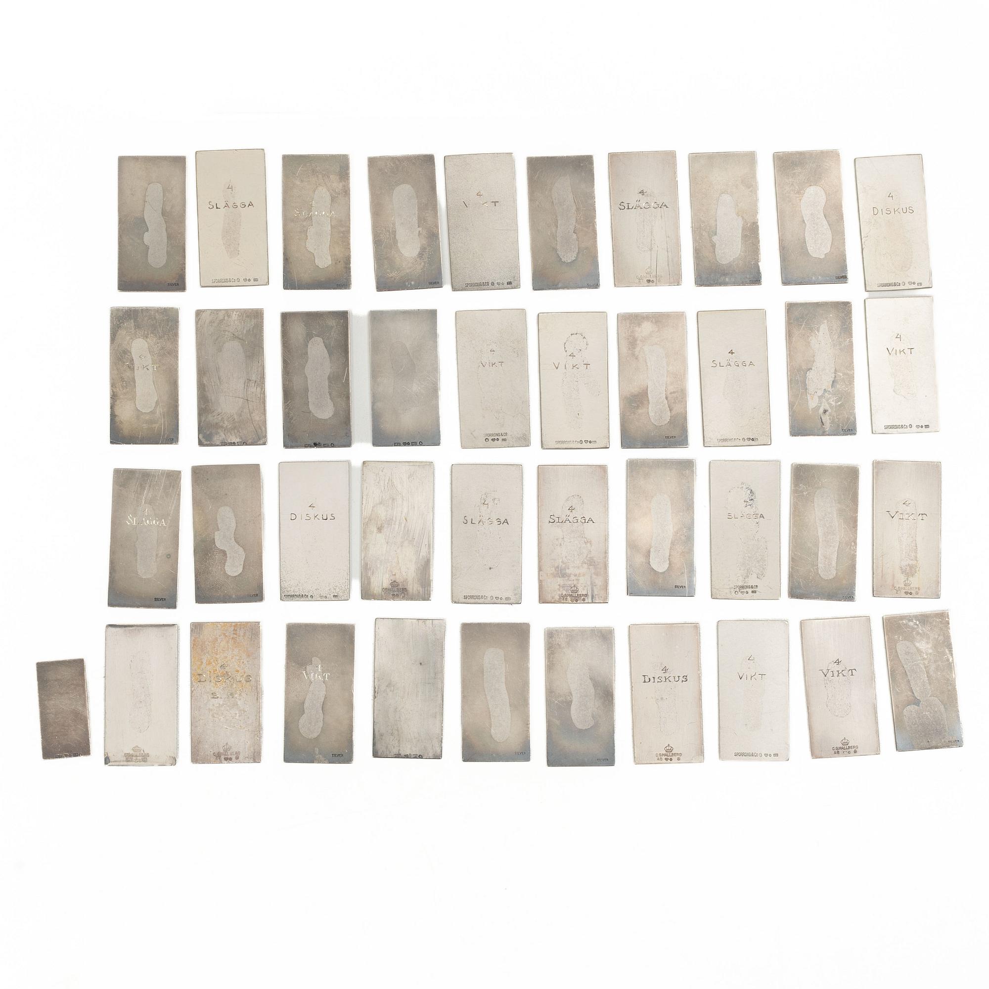 41 silver plaques, “Svenska Gymnastik och Idrottsriksförbund, Distrikts Mästerskap”, CG Hallberg. First half of the 20th century.