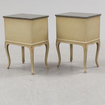 A mid 20th century Rococo style dressing table, a pair of bedside tables and one stool.