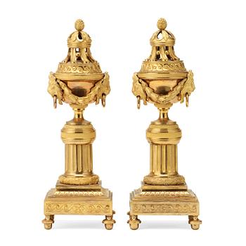 601. A pair of Louis XVI-style 19th century gilt bronze candlesticks/cassolettes.