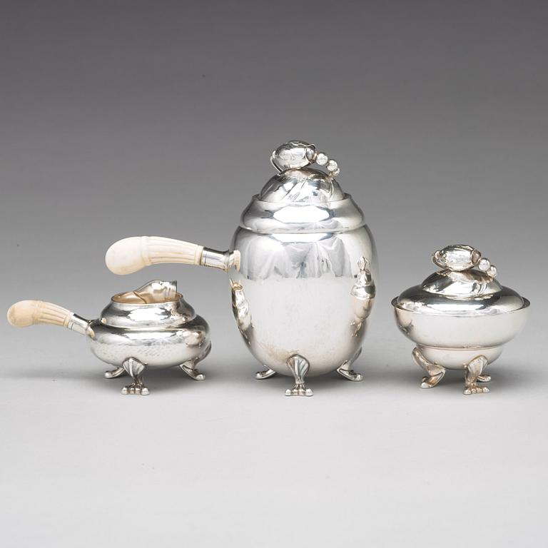 Georg Jensen, a three pieces of "Blossom" sterling silver coffee service, Copenhagen 1933-51, design nr 2A and 2C (sugar bowl).