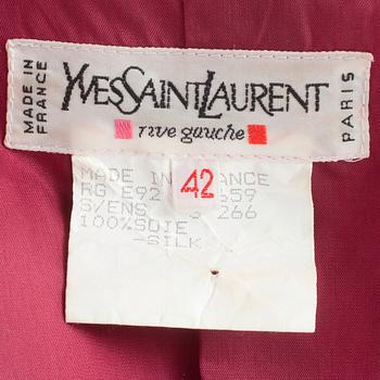 YVES SAINT LAURENT, a two-piece polka dotted blue cotton blend dress consisting of jacket and skirt.