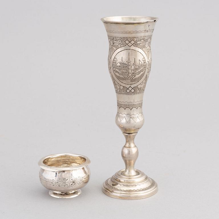 A Russian silver cup and a salt cellar, Moscow 1869 and 1865.