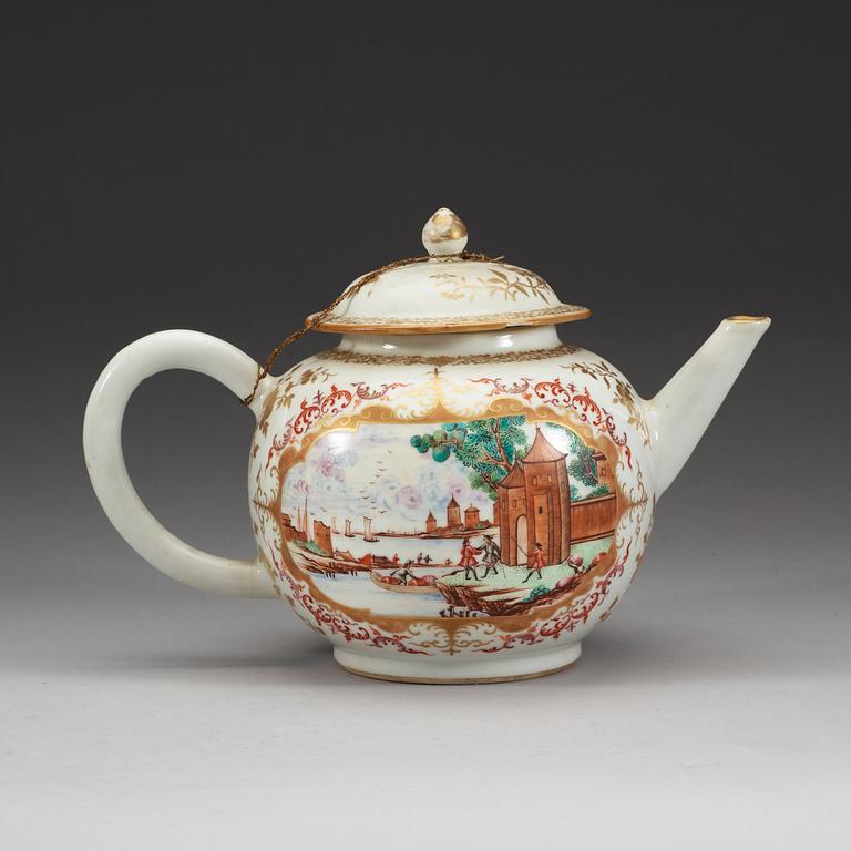 A large famille rose 'European Subject' tea pot with cover, Qing dynasty, Qianlong (1736-95).