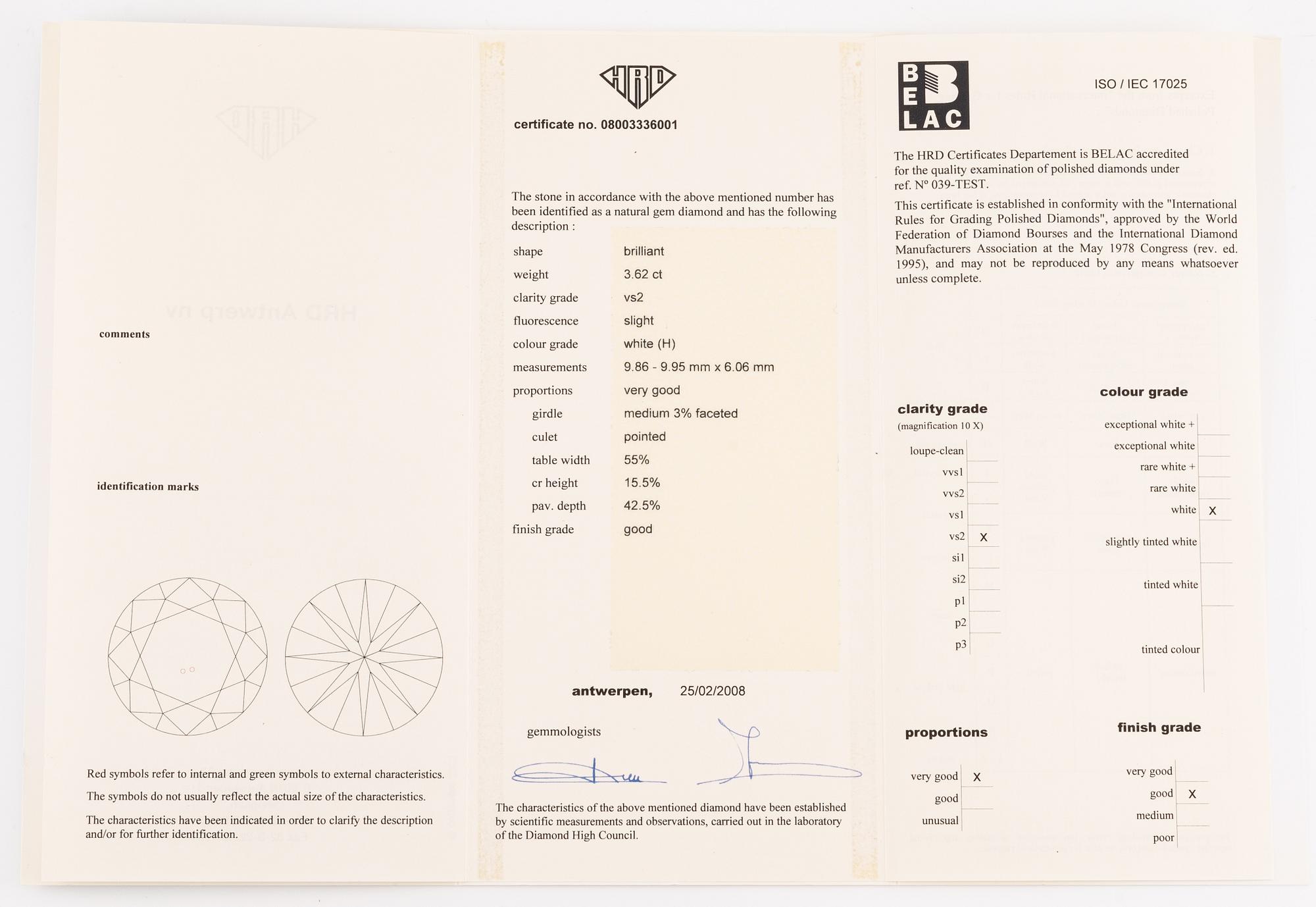 A ring in 18K white gold set with a round brilliant-cut diamond 3.62 ct H vs2.