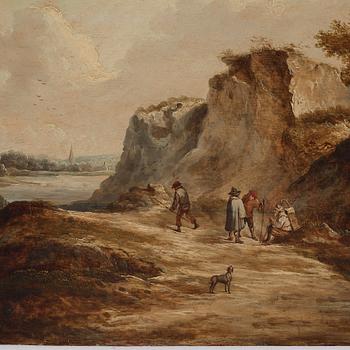 David Teniers d.y Hans efterföljd, Landskap med staffagefigurer och hund.