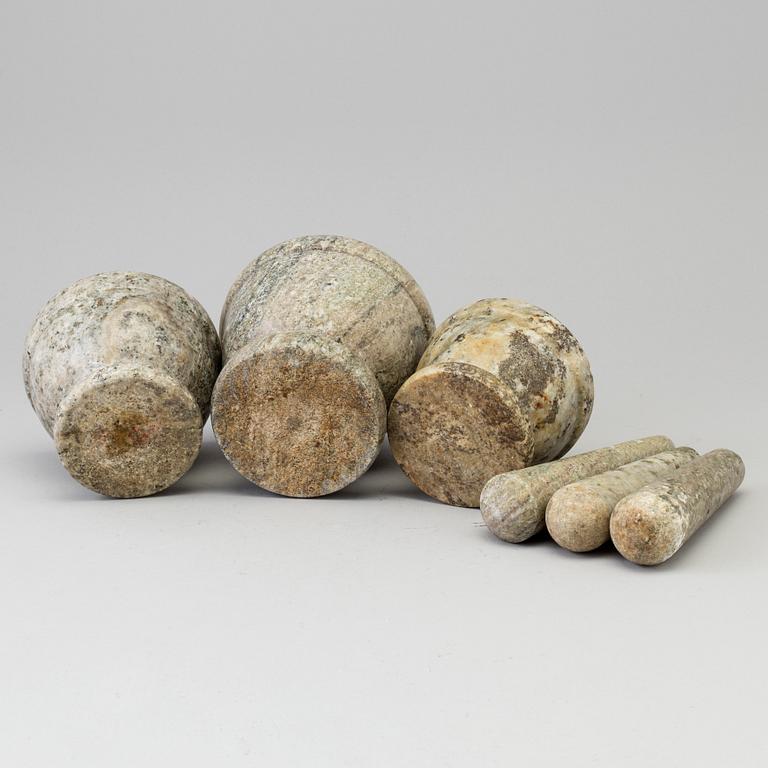 THREE SWEDISH GREEN MARBLE MORTARS AND PESTLES.