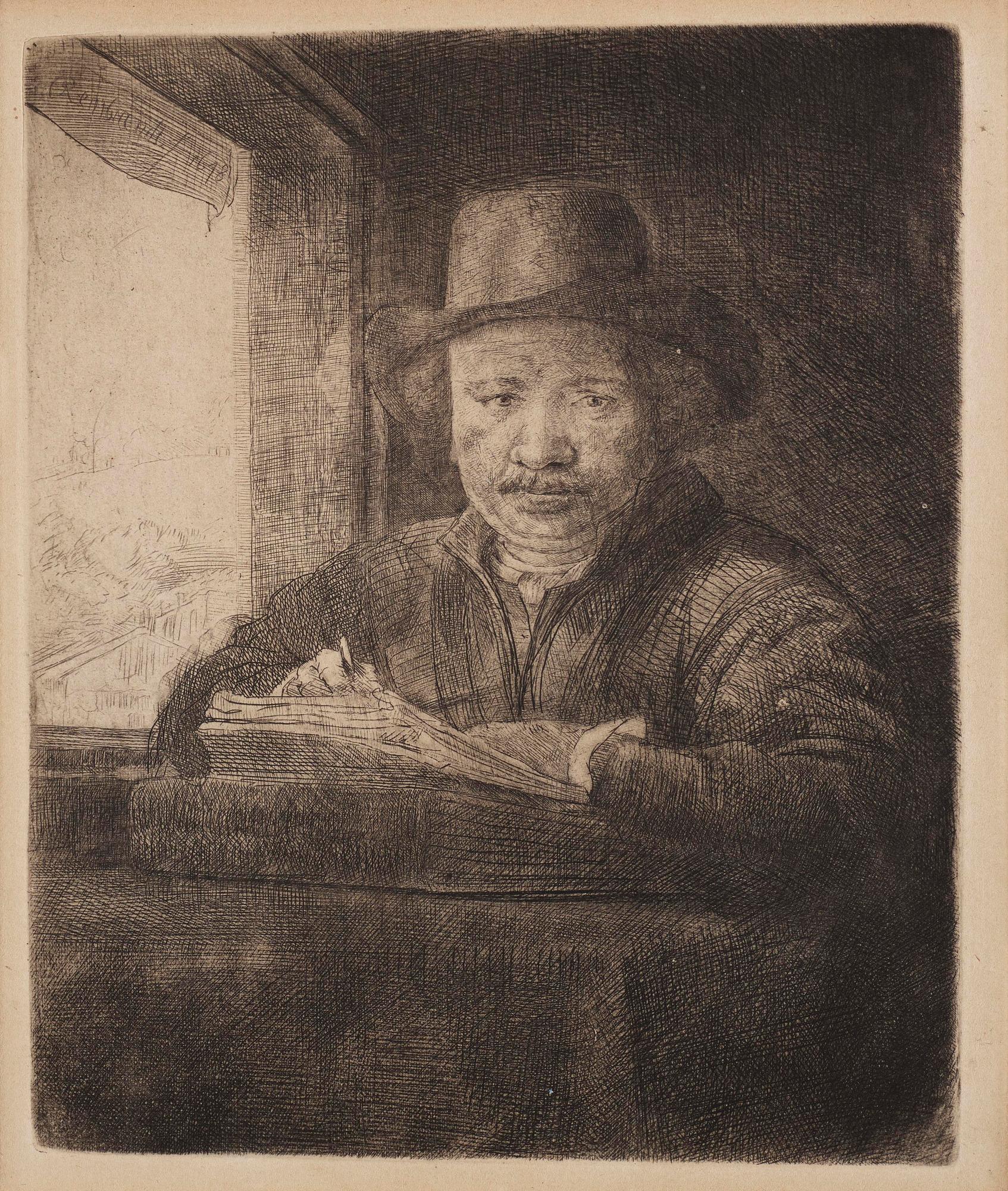 Rembrandt Harmensz van Rijn, "Self-Portrait drawing at a Window".