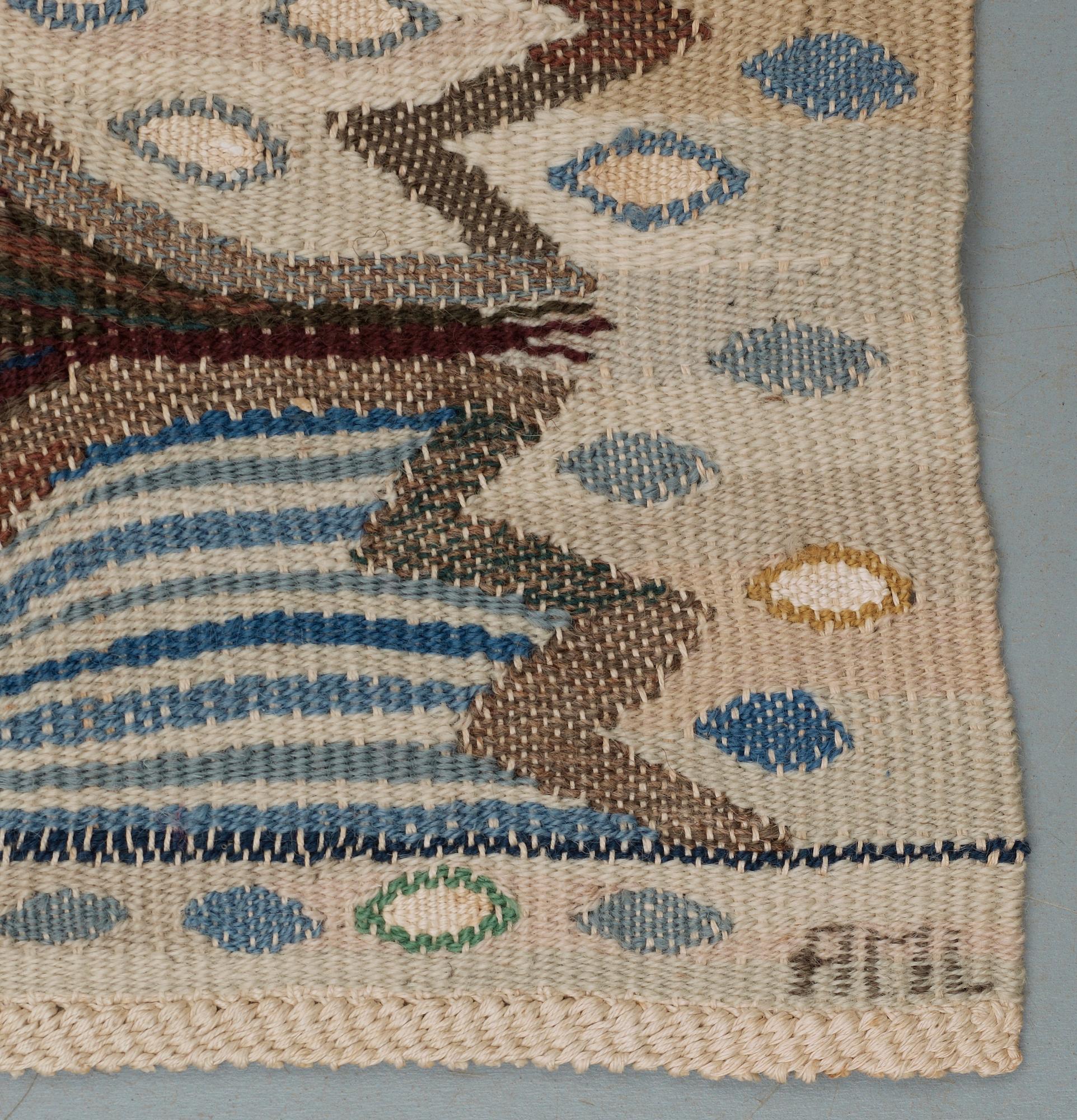 TEXTILE. "Blå crocus". Tapestry variant. 34 x 41 cm. Signed AB MMF AML.