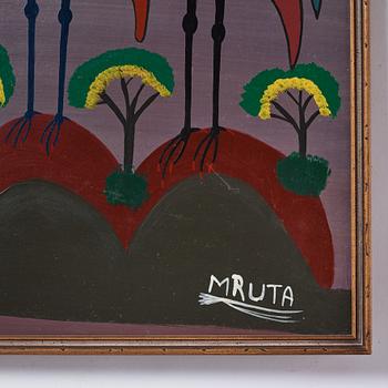 Hashim Mruta, bicycle paint on masonite, Tingatinga- painting, signed.