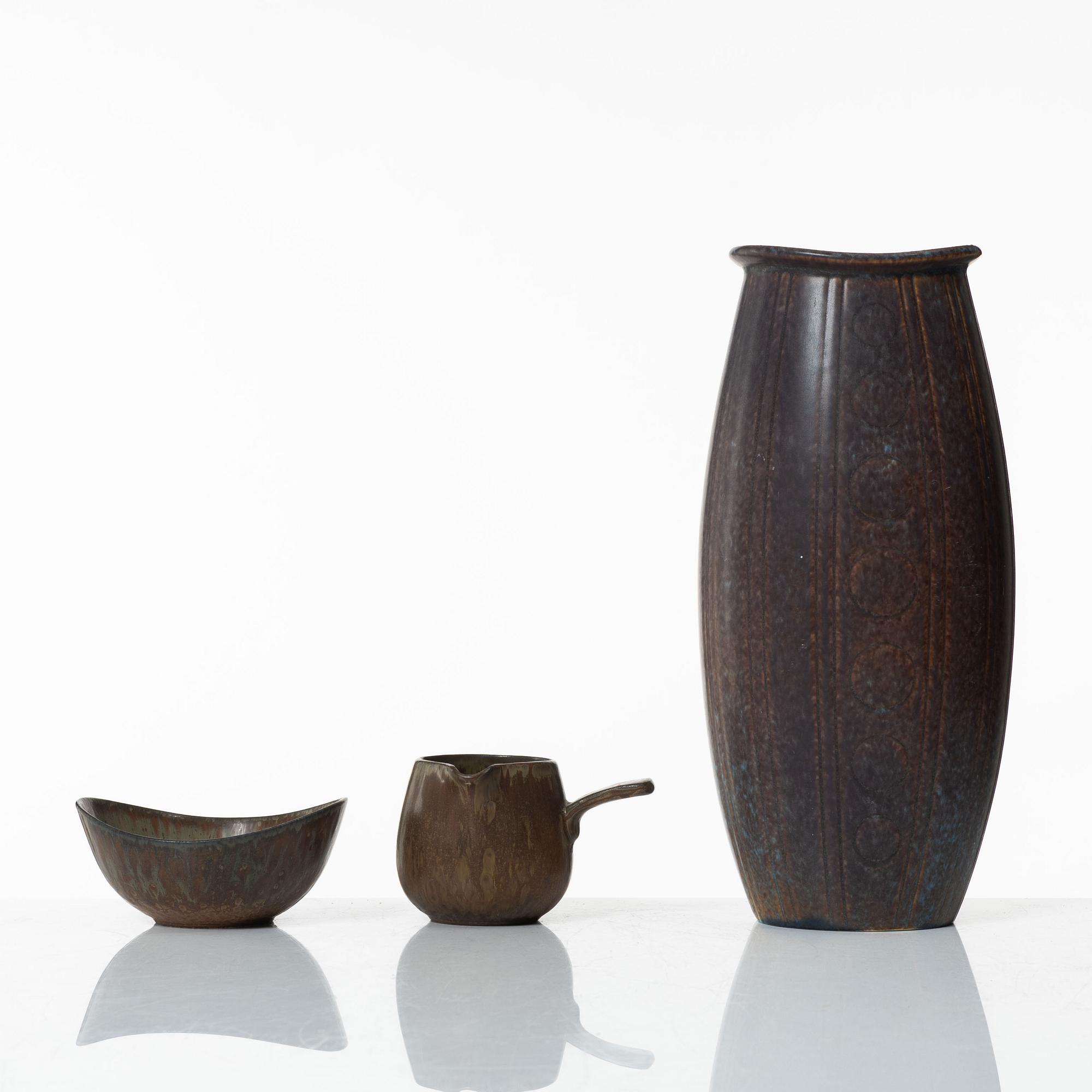 Gunnar Nylund, a stoneware vase, a bowl and a creamer, Rörstrand.