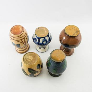 Vases 5 pcs blue Annashaab stoneware factory Denmark early 20th century glazed earthenware.