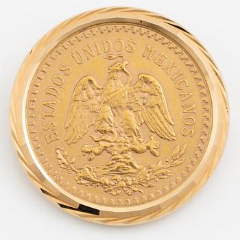 Brosch/hänge, 18K guld med infattat guldmynt, 50 pesos, Mexiko.