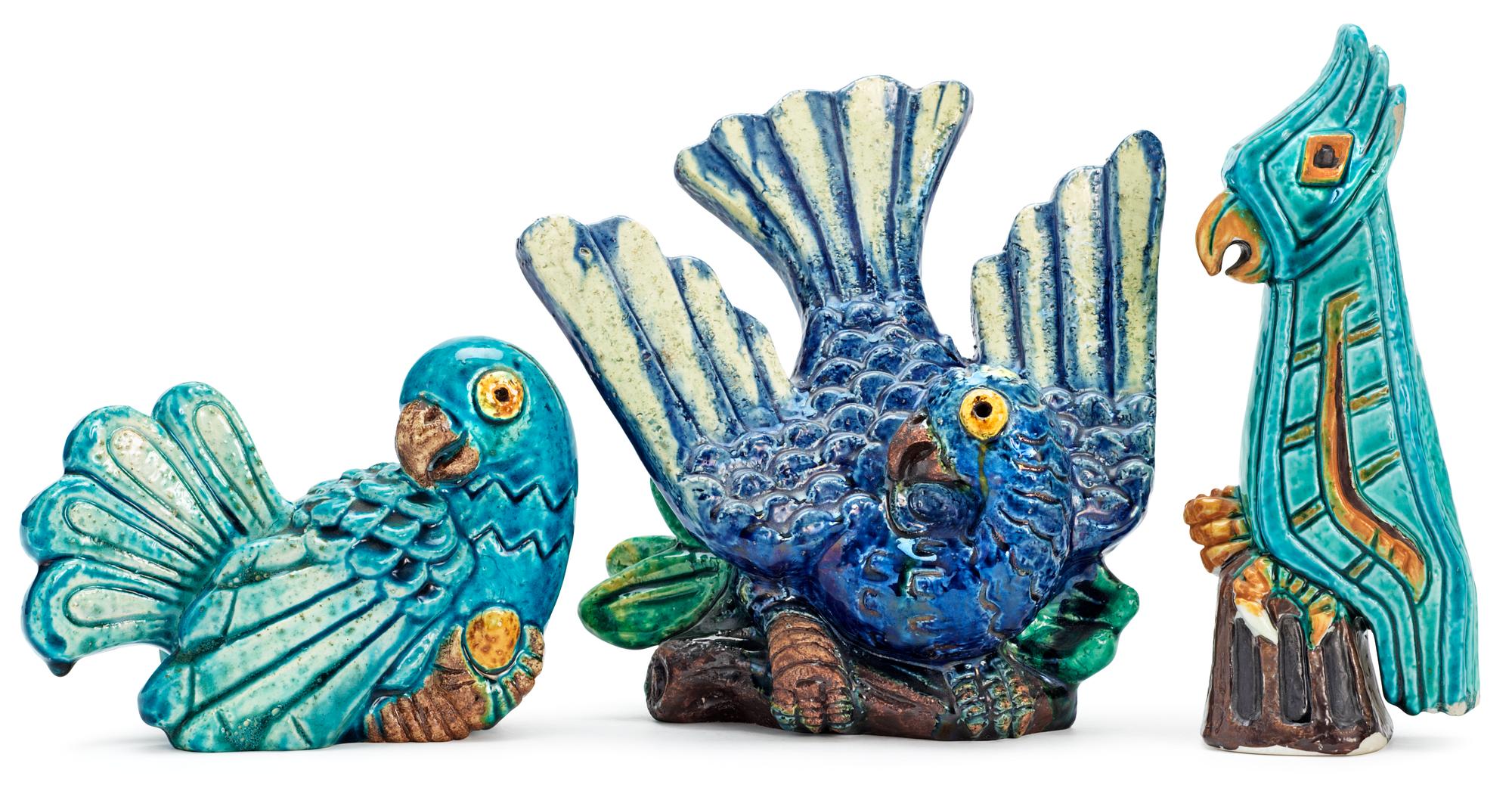 Three Gunnar Nylund stoneware figures of parrots, Rörstrand.
