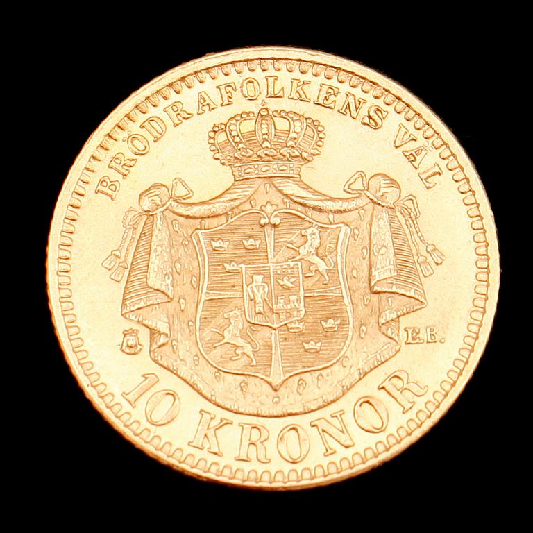 GULDMYNT, 10 kr, Oscar II, 1883. Vikt ca 5 g.