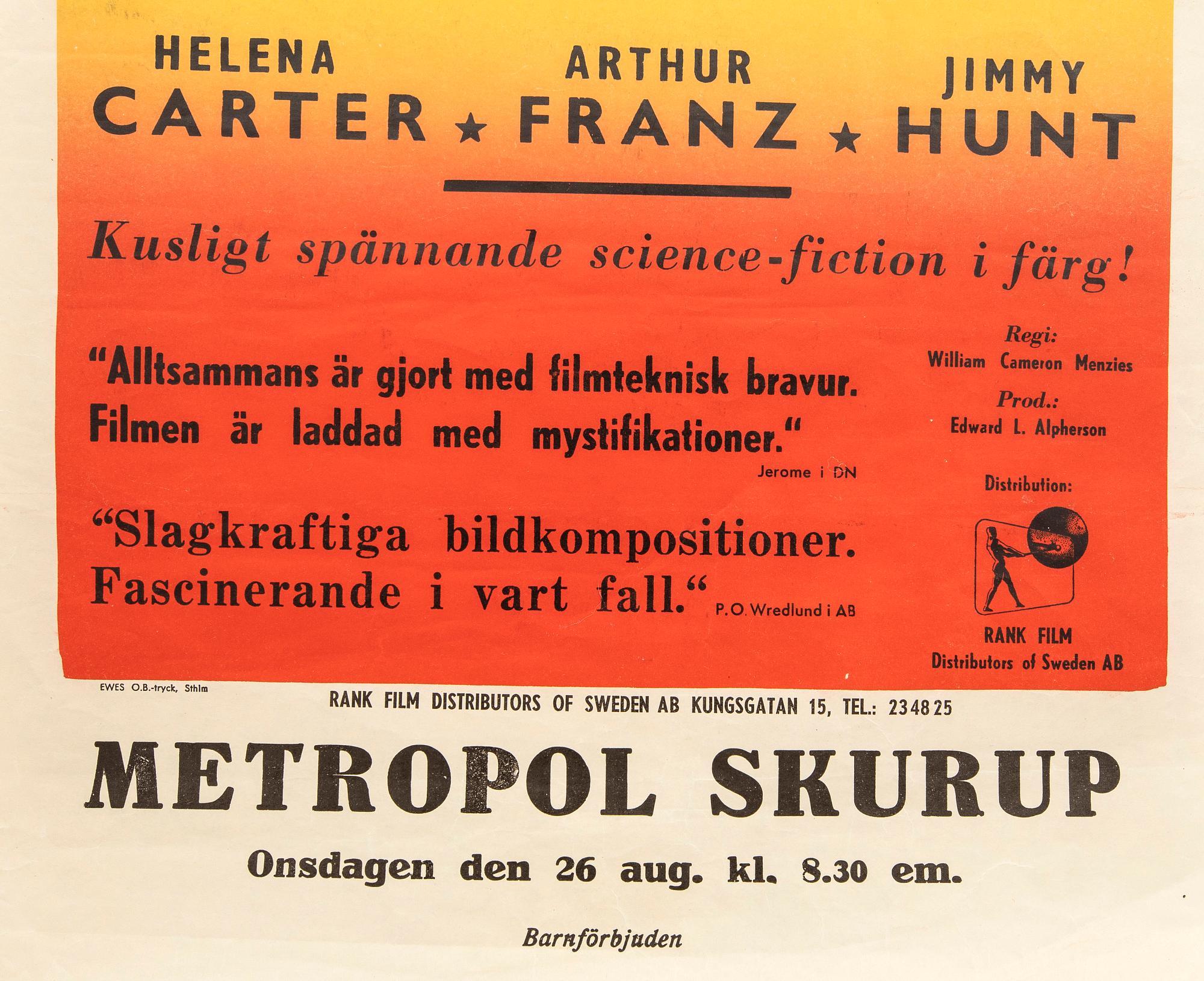 Filmaffisch, "Anfall från Mars/ Invaders from Mars", Sverige 1953.