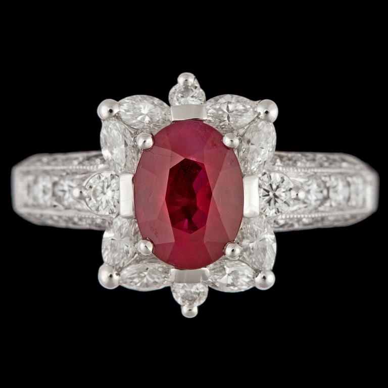 A ruby, app. 1.20 cts, and brilliant cut diamond ring, tot. app. 1. ct.