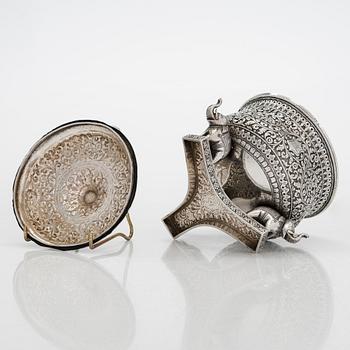 A 19th-century lidded tripod silver bowl, India.