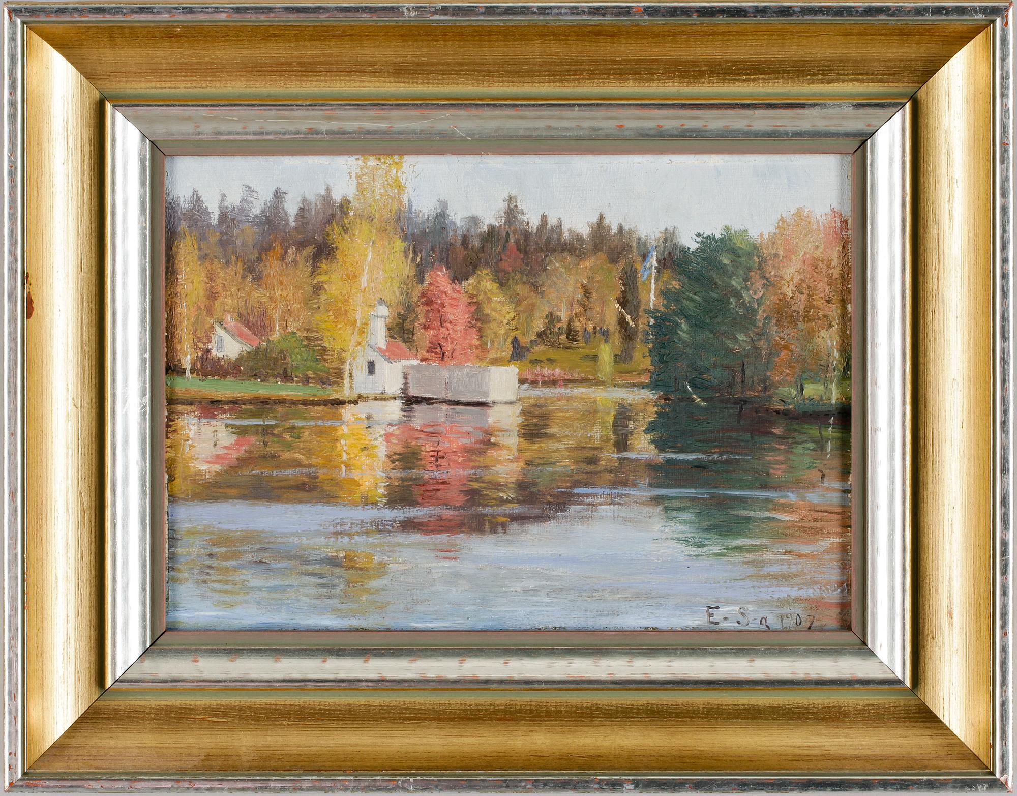 OKÄND KONSTNÄR, olja på pannå. Monogramsign E-Sa 1907.