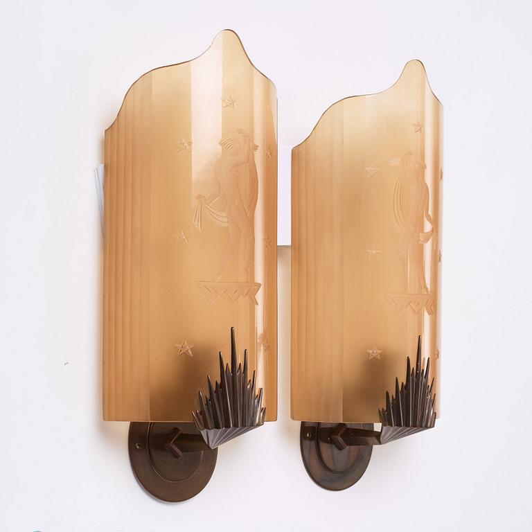 Orrefors, Orrefors, a pair of Swedish Grace wall lights, 1920-30s.