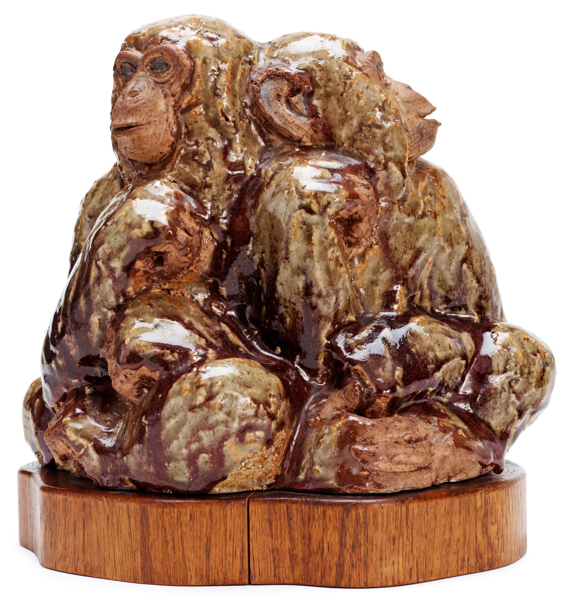 A Michael Schilkin stoneware sculpture of two monkeys, Arabia, Finland.