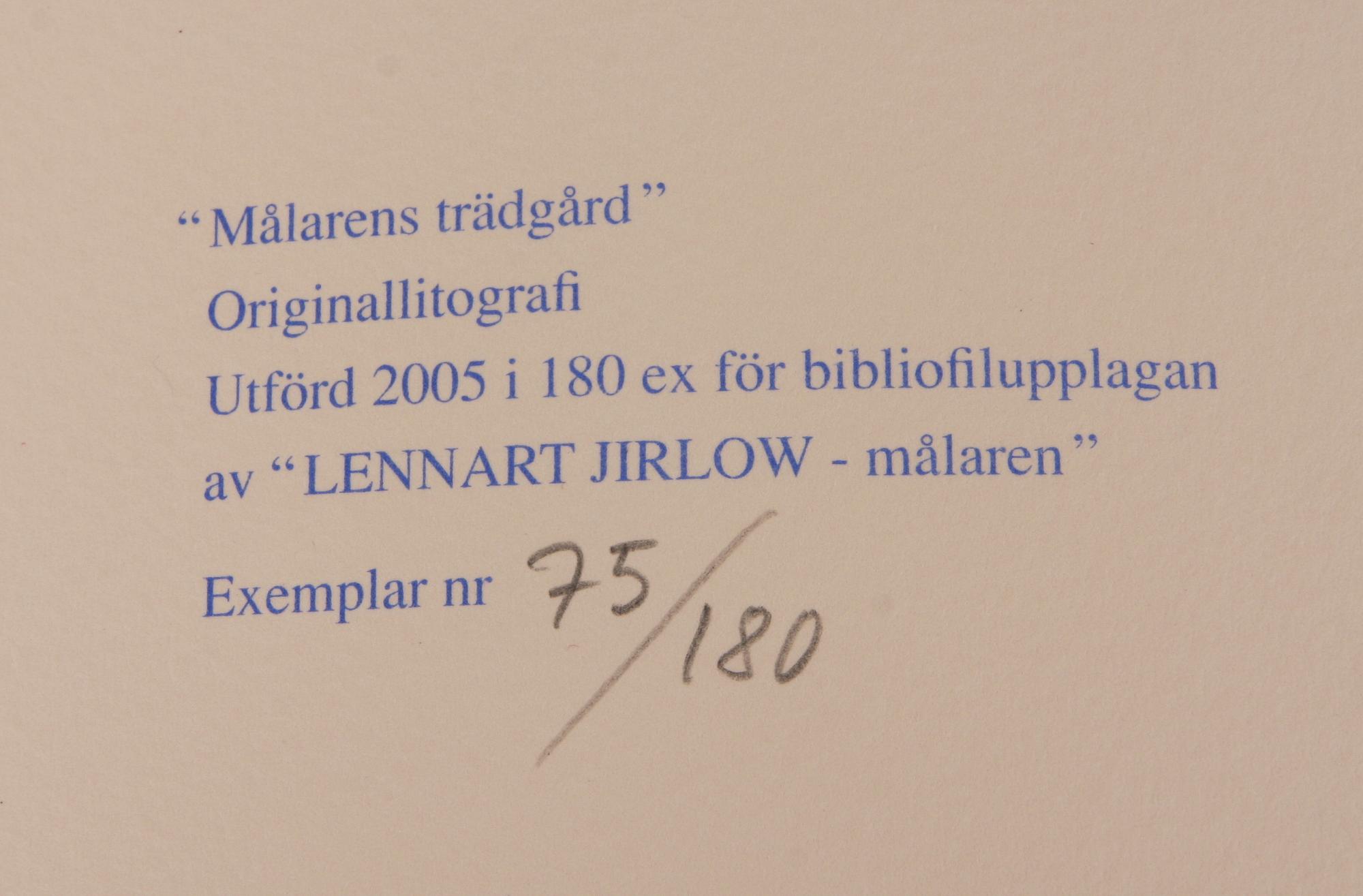 BOK, "Lennart Jirlow - Målaren", med färglitografi, sign o numr 75/180.