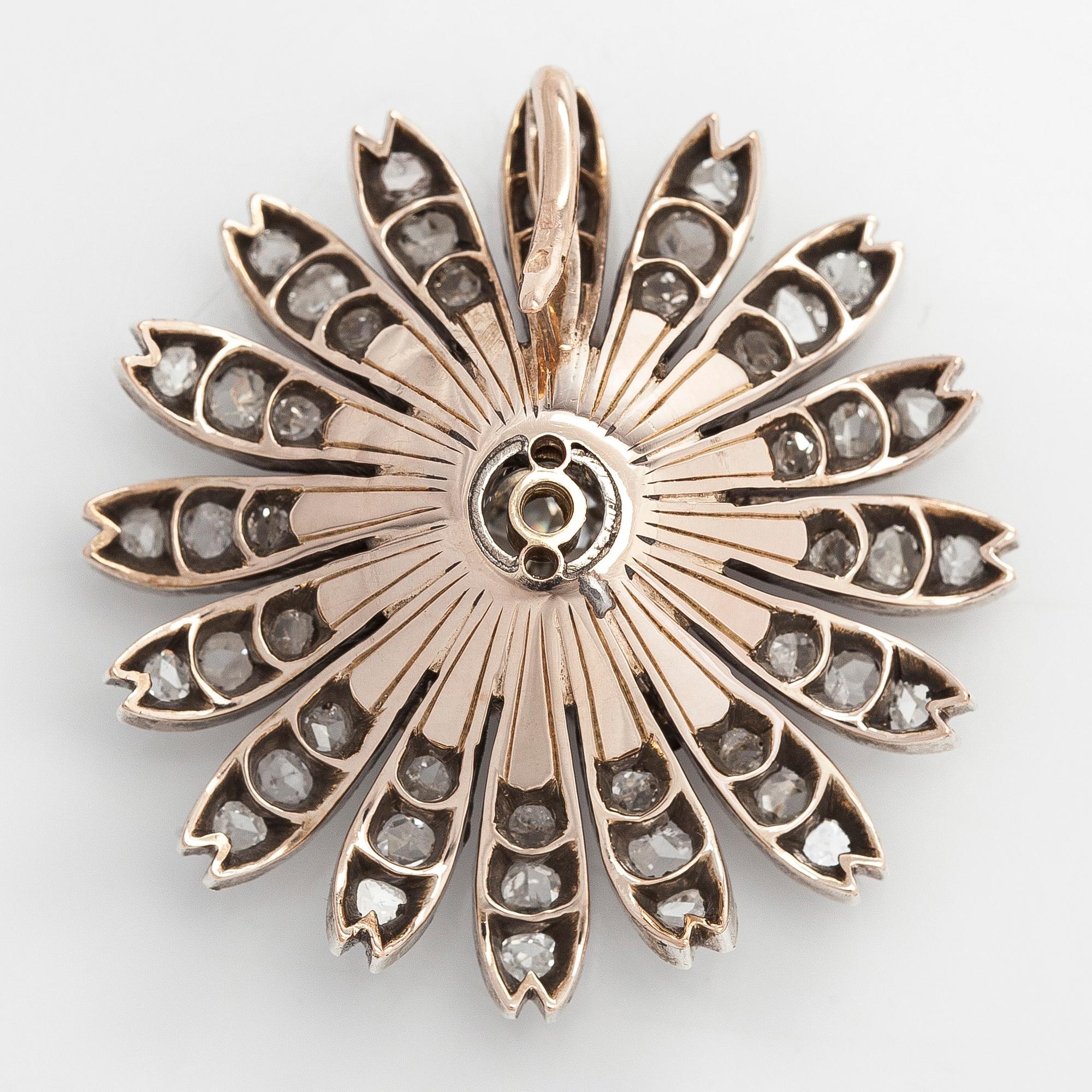 Brosch/hårsmycke/hänge, 18K guld/silver och gammalslipade diamanter, Franska stämplar, 1900-talets början.