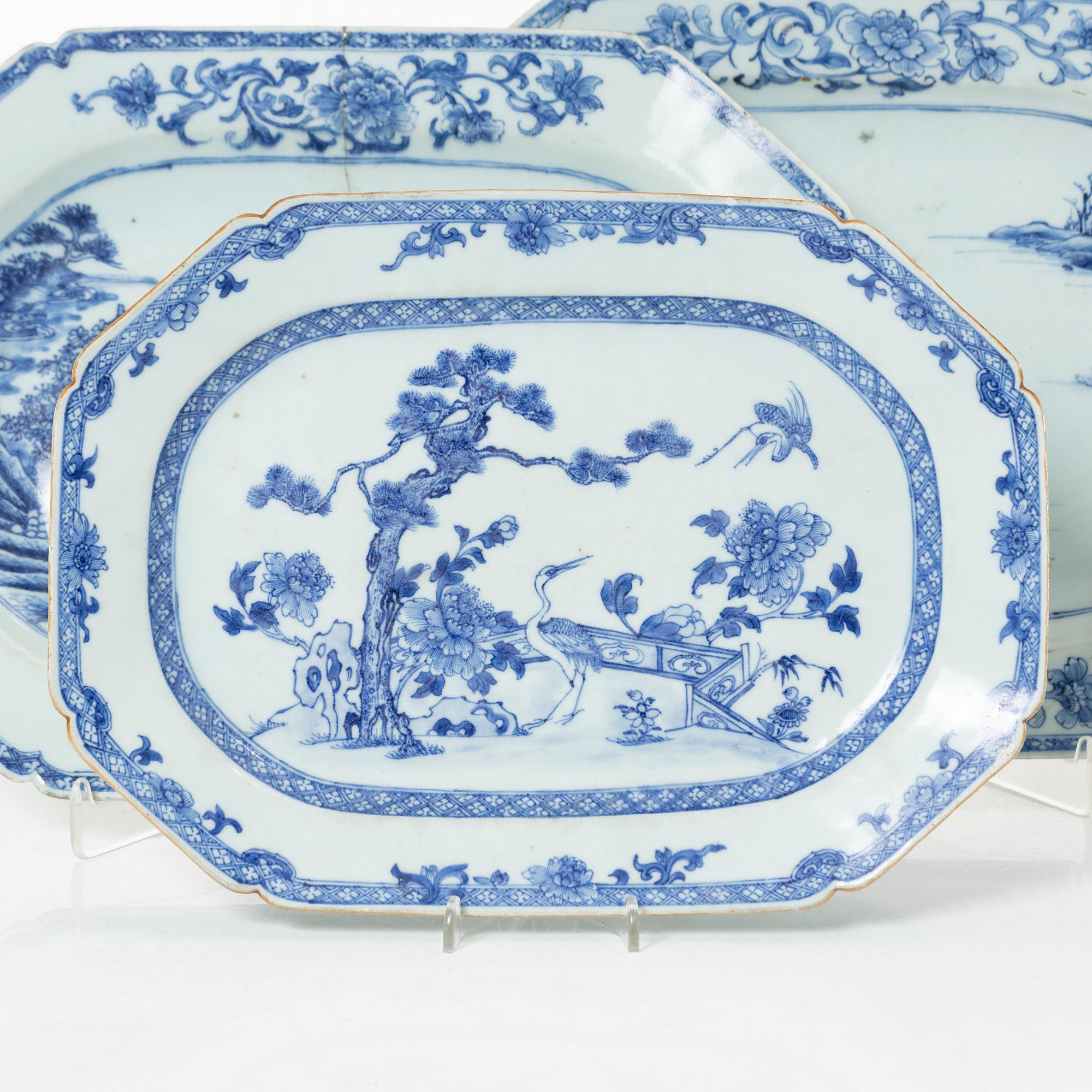 A group of three Chinese blue and white porcelain serving dishes and five dessert plates, Qing dynasty, Qianlong(1736-95.
