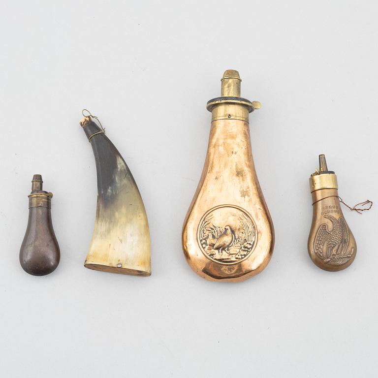 Gunpowder horn and three powder flasks, 19th century.