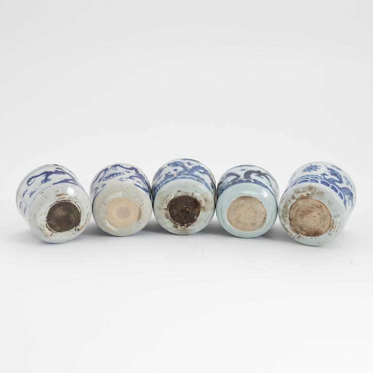 A group of five Chinese porcelain censer or flower pots, late Qing dynasty 19th Century.
