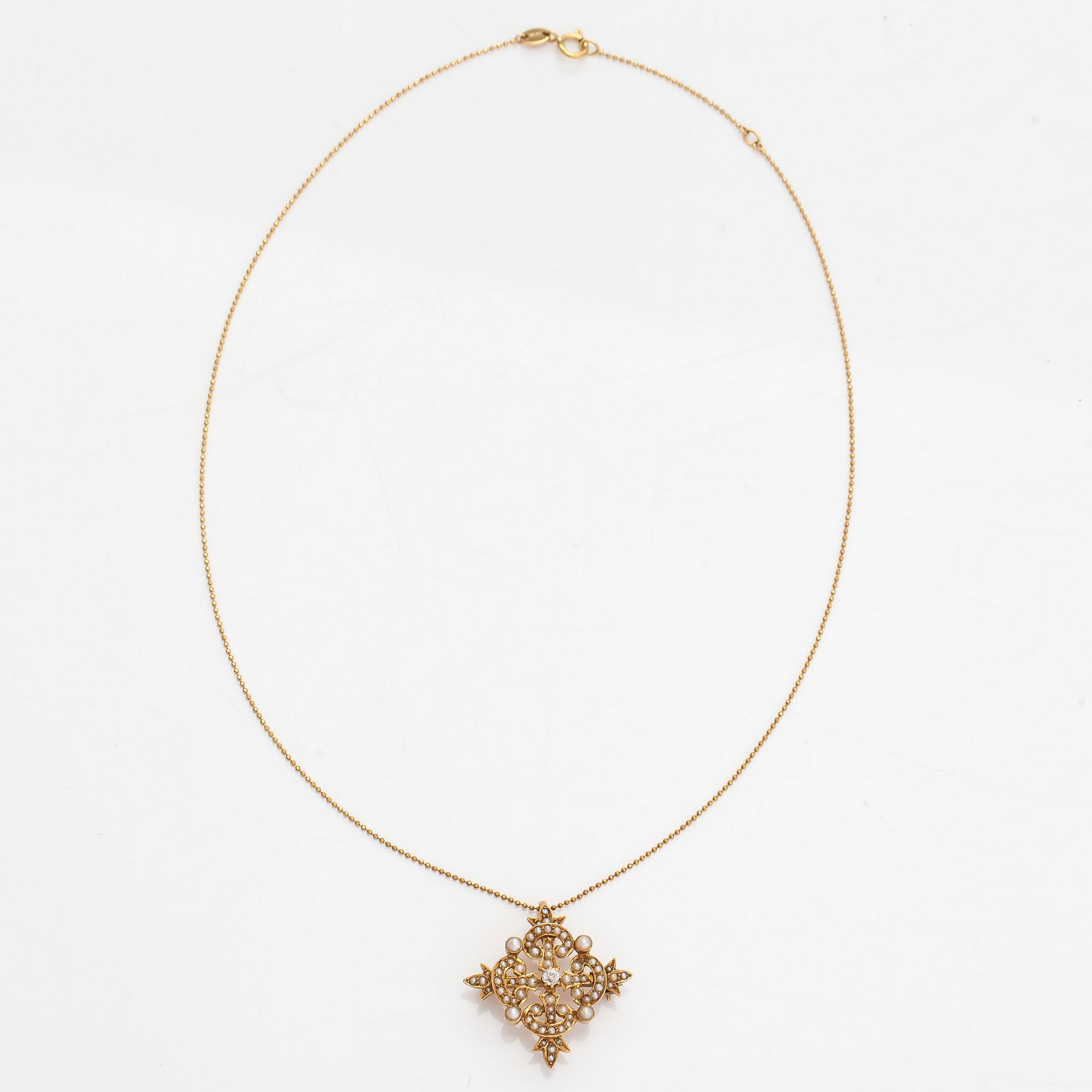 Rintaneula/riipus, kultaa siemenhelmet ja vanhahiontainen timantti, ketjulla.