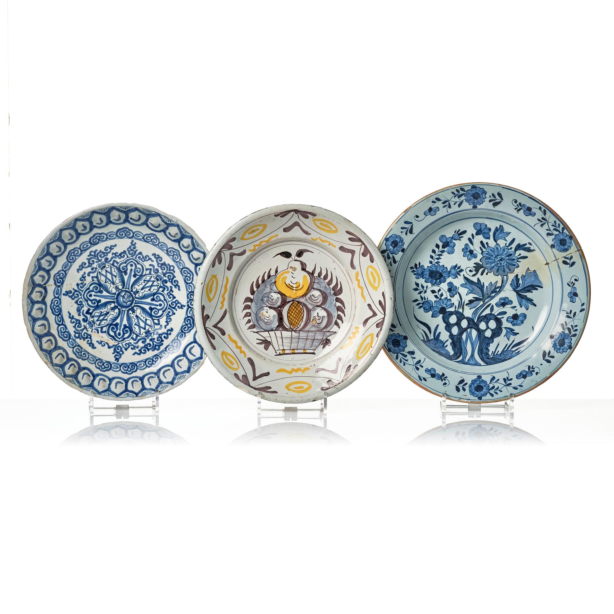 A group of three faience dishes, 18th century.