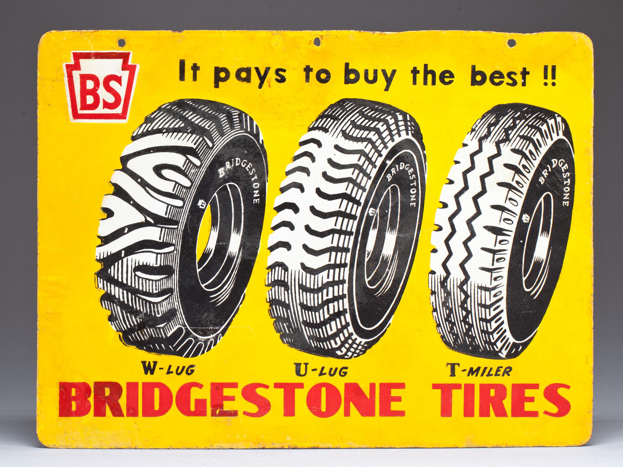 REKLAMSKYLT, litograferad plåt. "Bridgestone Tires". 1900-talets mitt.