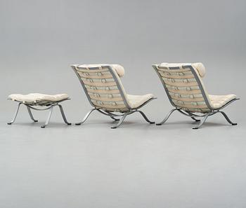 Arne Norell, "Ari", a pair of white leather easy chairs and one ottoman for Norell Möbel AB, Sweden.