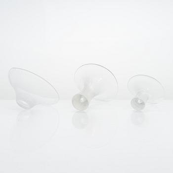 Tapio Wirkkala, three 'Chanterelle' glass vases, signed Tapio Wirkkala, Iittala, two dated, -55 and -56.