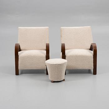 Armchairs, a pair, with footstool, Art Deco, first half of the 20th century.