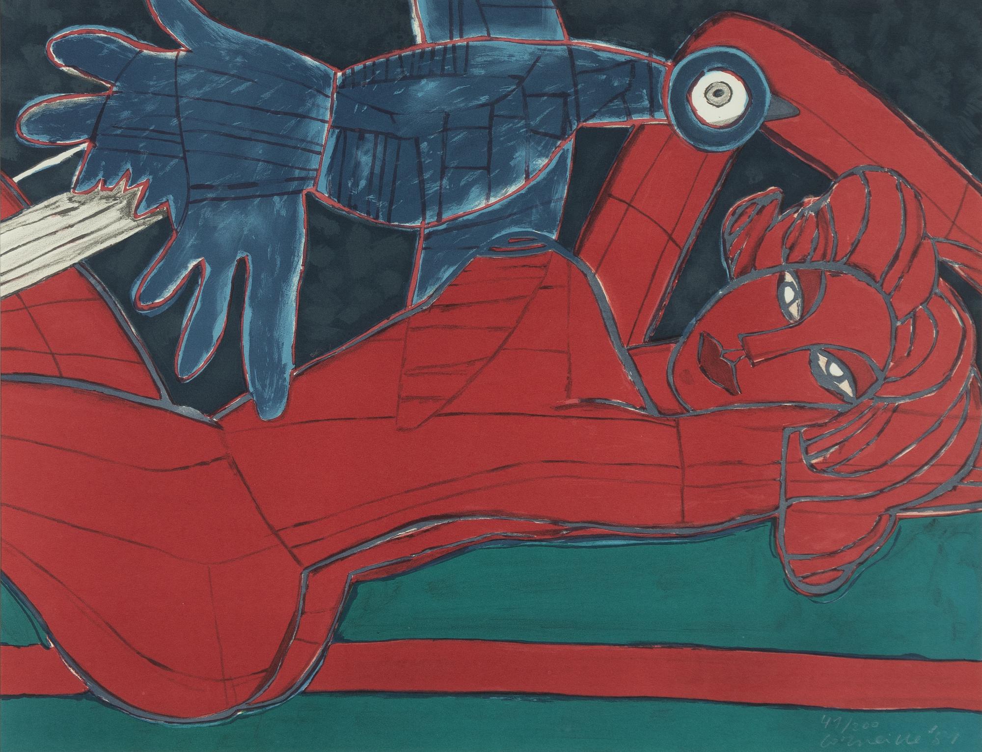 Beverloo Corneille, "Reclining Red Nude with Bird".