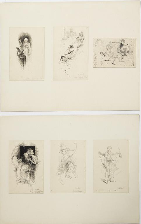 Carl Larsson,  6 drawings, signed C.L, Indian ink and hightening white mounted on cardboard.