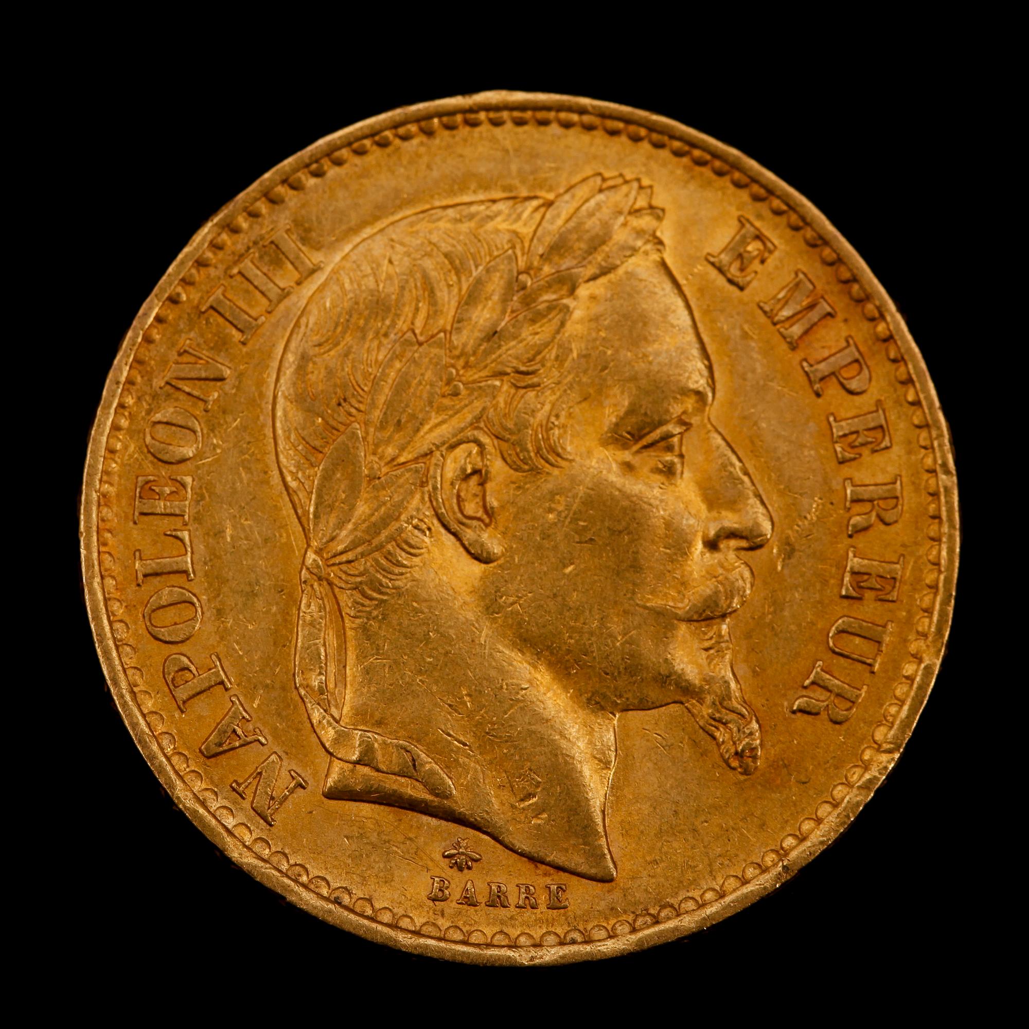 GULDMYNT,20 fr, Napoleon III, 1869. Vikt ca 6 g.