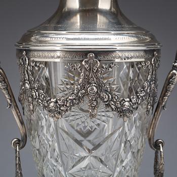 A Russian 20th century silver and glass amphora, marks of Ivan Chlebnikov, Moscow 1908-1917.