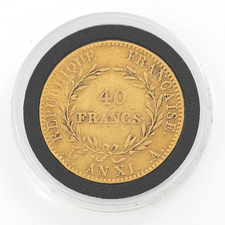 Guldmynt, Frankrike, Napoleon I, 40 franc, AN XI.