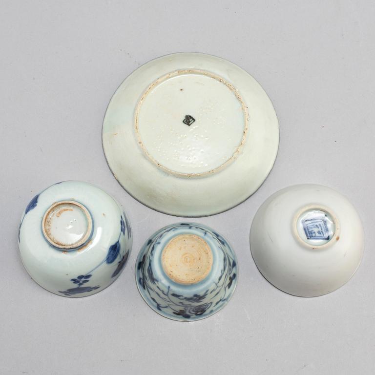 Three blue and white dishes, and three cups, Ming dynasty (1368-1644).
