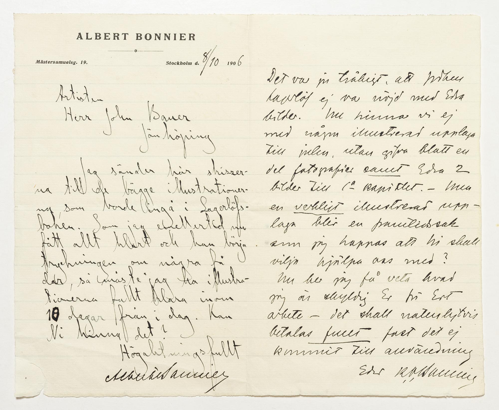 John Bauer, Tre brev mellan John Bauer och Bonniers om illustrationerna till Nils Holgersson.