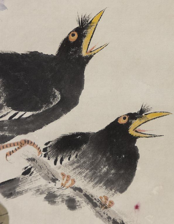 Birds with flowering wisteria, attributed to Chen Ban Ding.