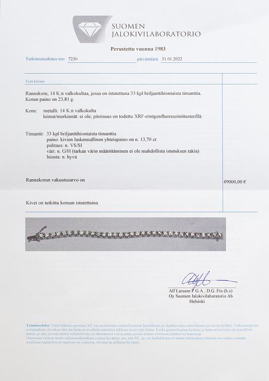 A 14K white gold tennis bracelet with diamonds ca. 13.70 ct in total. With certificate.