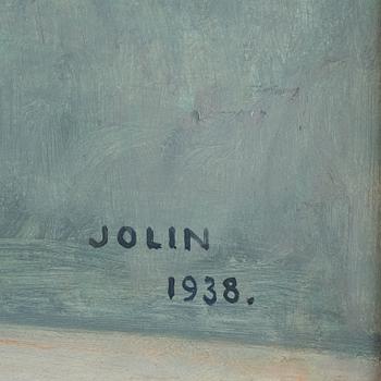 Einar Jolin, Stilleben med blomster och krukväxt på bord.