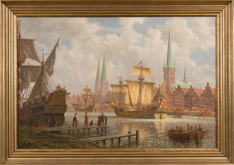 ADOLF BOCK, VIEW OVER TRAVE AND THE HARBOUR IN LÜBECK.